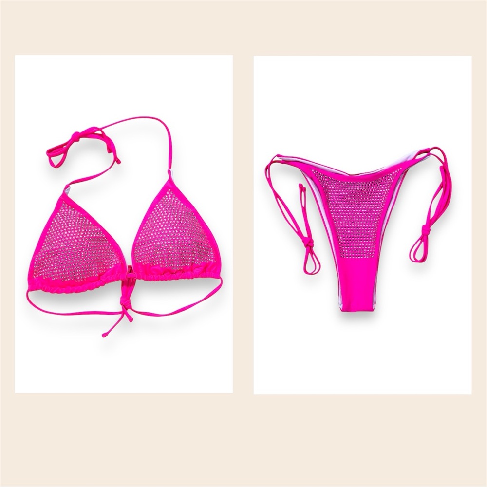 NWOT Hot Pink Rhinestone Bikini Set Size XL